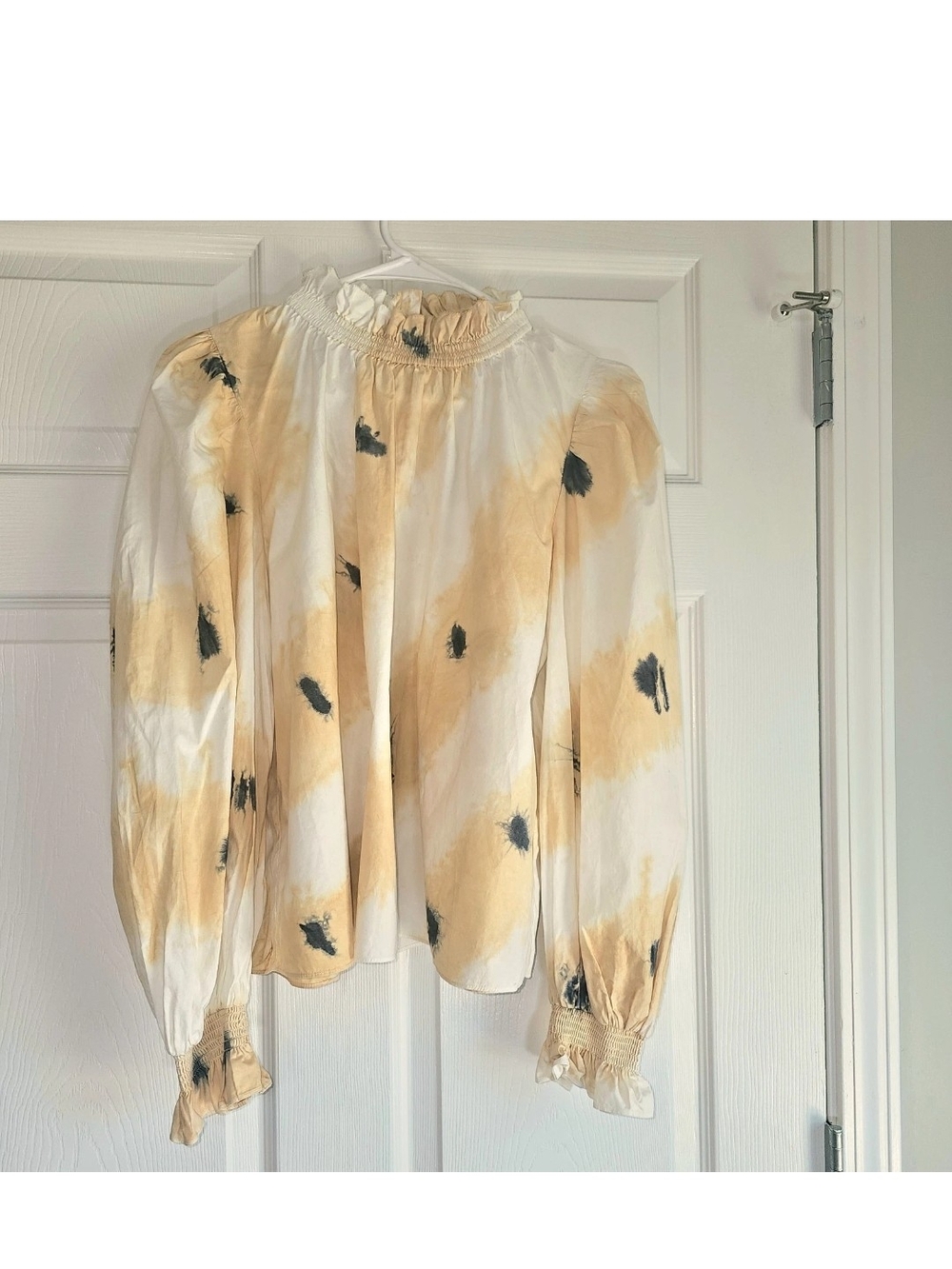 Sea New York Tamara Blouse White/Yellow Tie Dye Balloon Sleeve Mock Smocked S